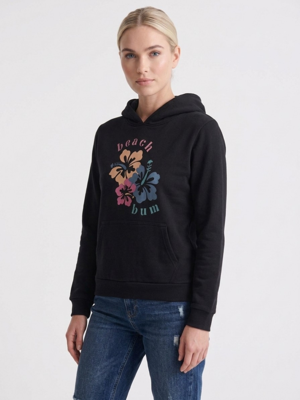 Beach Bum Floral Graphic Hoodie - Black